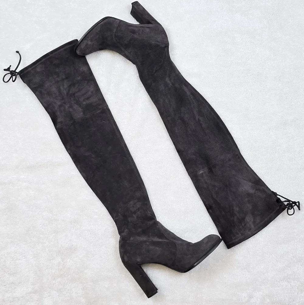 Stuart Weitzman Highland Gray Suede Over-The-Knee OTK Block Heel Boots 8.5